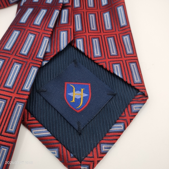 Henry Jacobson Tie Necktie Silk Hand Made Red Blue Geometric Pattern - Picture 3 of 9